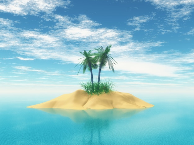 Isla tropical 3D con palmeras.