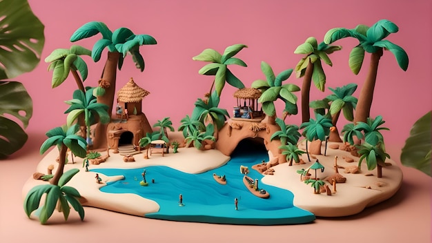 Foto gratuita isla tropical con palmeras y castillo de arena ilustración 3d