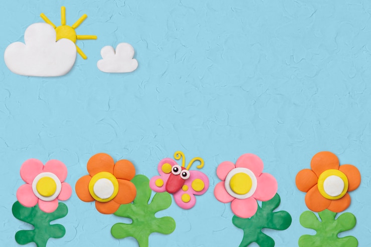 Foto gratuito jardín de flores con textura de fondo en artesanía de arcilla de plastilina azul para niños