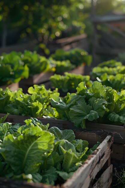 Jardín sostenible fotorrealista con plantas de cultivo casero