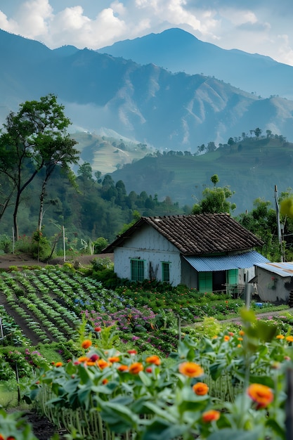 Jardín sostenible fotorrealista con plantas de cultivo casero