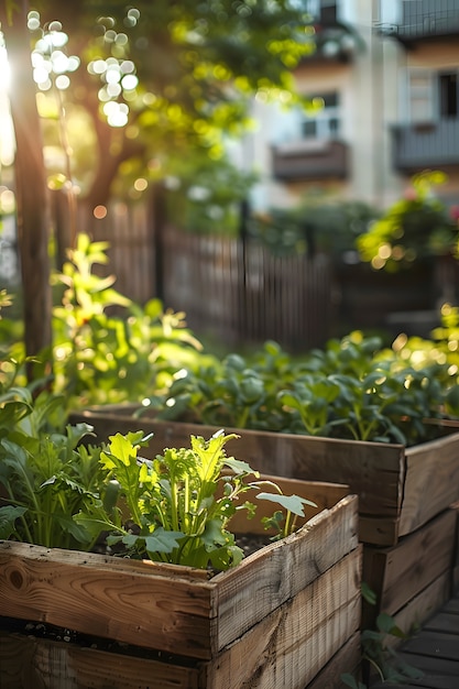 Jardín sostenible fotorrealista con plantas de cultivo casero