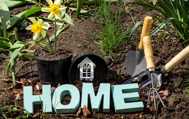 Jardinería, hermosas flores de primavera con suministros de jardín.