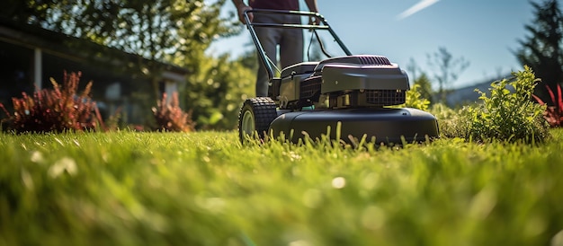 Foto gratuita un jardinero corta el césped en un patio trasero