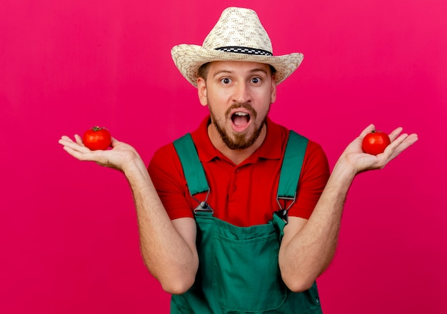 Jardinero eslavo guapo joven impresionado en uniforme y sombrero sosteniendo tomates mirando