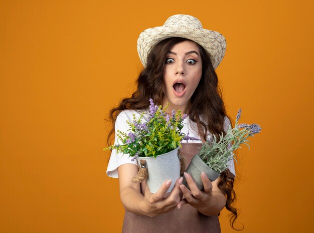 Jardinero femenino joven emocionado en uniforme con sombrero de jardinería sostiene y mira macetas aisladas en la pared naranja con espacio de copia