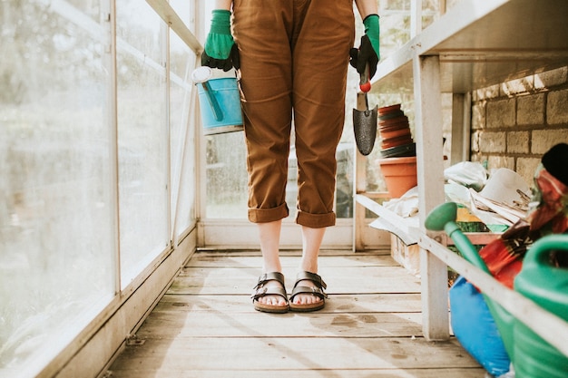 Jardinero femenino preparándose para plantar la flor en un invernadero