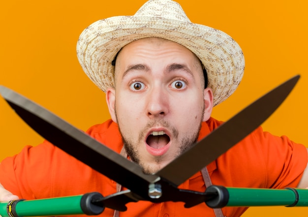 Jardinero macho sorprendido vistiendo sombrero de jardinería sostiene