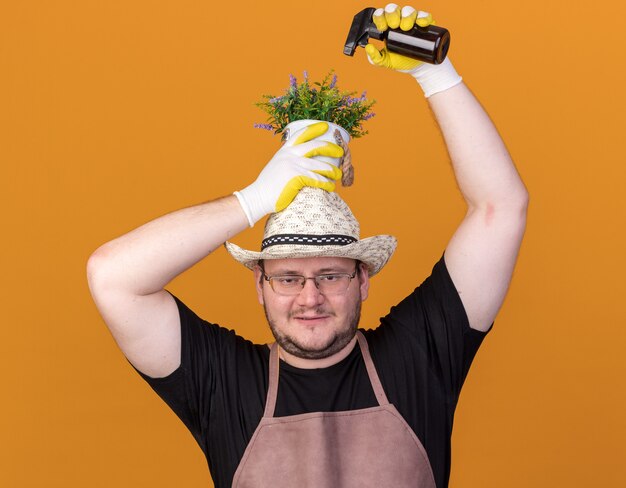 Jardinero masculino joven complacido con sombrero y guantes de jardinería regar flores en maceta con botella de spray en la cabeza aislada en la pared naranja
