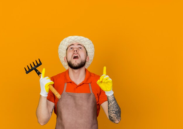 Jardinero masculino sorprendido con sombrero y guantes de jardinería sostiene rastrillo y apunta hacia arriba con las dos manos