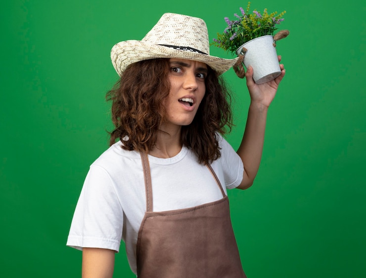 Foto gratuito jardinero de mujer joven confundido en uniforme con sombrero de jardinería sosteniendo flor en maceta en la parte posterior aislado en verde