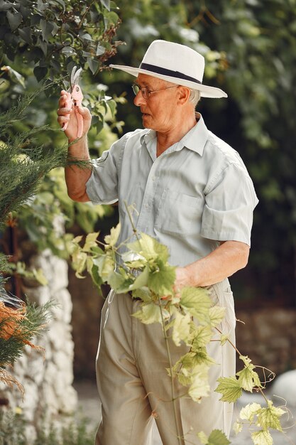 Jardinero senior disfruta de su trabajo en el jardín. Anciano con camisa blanca.