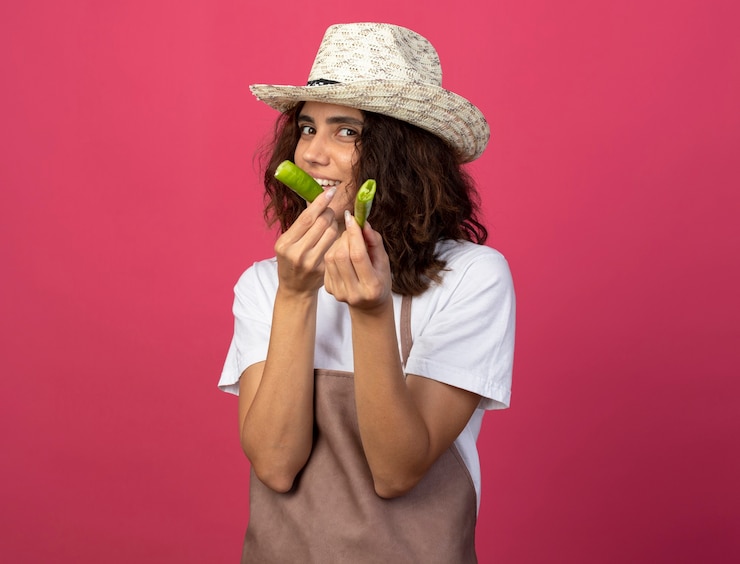 Foto gratuito jardinero de sexo femenino joven sonriente en uniforme que lleva el sombrero que cultiva un huerto que sostiene la pimienta que rompe