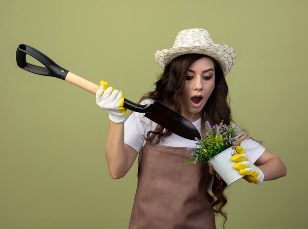 Jardinero de sexo femenino joven sorprendido en uniforme que lleva el sombrero y los guantes de jardinería sostiene la pala sobre la maceta aislada en la pared verde oliva