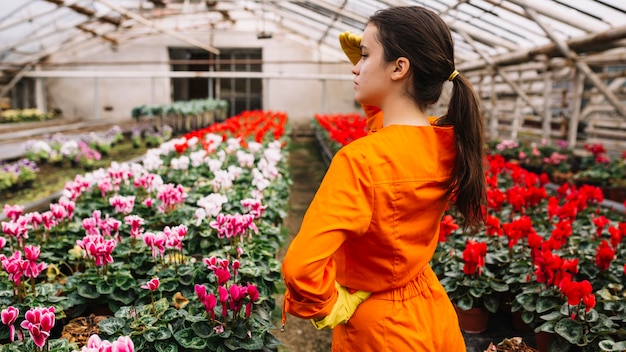 Jardinero de sexo femenino que se protege sus ojos con las flores coloridas que crecen en invernadero