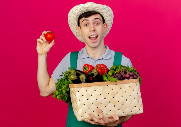 Jardinero de sexo masculino joven emocionado vistiendo sombrero de jardinería tiene cesta de verduras y tomate