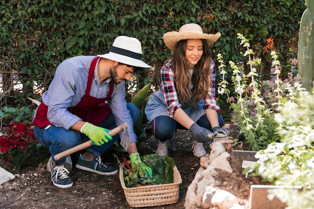 Jardinero de sexo masculino y de sexo femenino que trabaja junto en el jardín