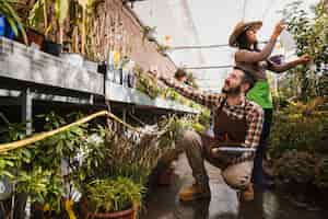 Foto gratuita jardineros alegres que trabajan en invernadero