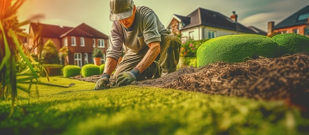 Foto gratuita jardineros que ponen césped para un nuevo césped