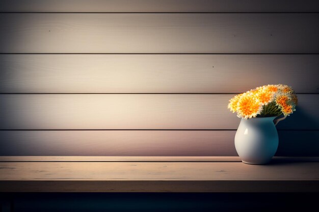 Un jarrón con flores sobre una mesa con una pared de madera detrás.