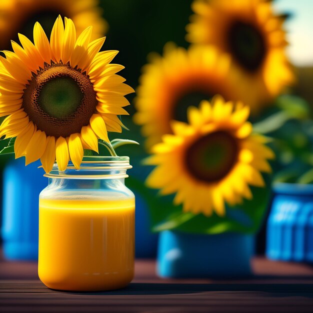 Foto gratuita un jarrón con girasoles descansa sobre una mesa con otros jarrones con flores.