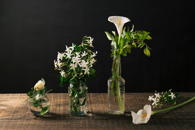 Jarrones de vidrio con flores blancas.