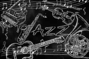 Foto gratuita jazz instrumentos de música de fondo en la pizarra oscura