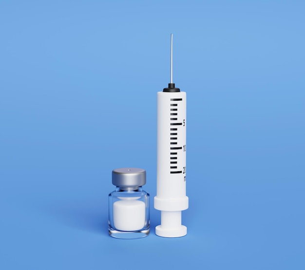 Jeringa y botella de vacuna icono signo o símbolo sobre fondo azul 3d ilustración dibujos animados concepto médico y sanitario