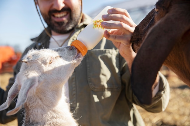 Joven agricultor alimentando a sus cabras con leche de una botella en la granja