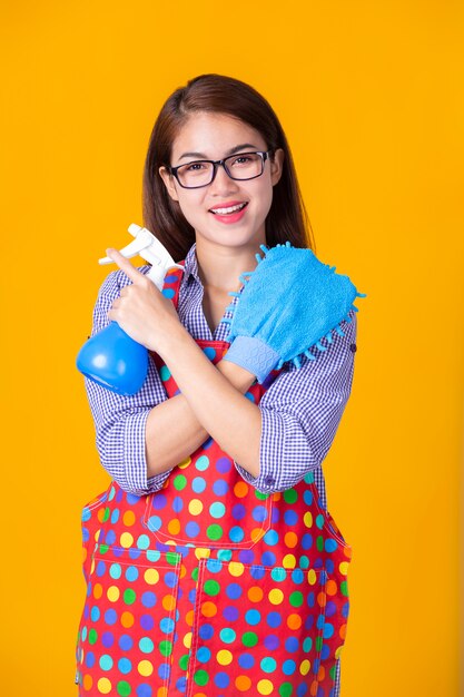 Joven ama de casa femenina con productos de limpieza