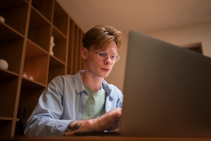 Foto gratuito joven aprendiendo en un aula virtual
