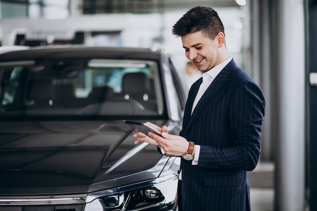 Joven apuesto hombre de negocios en un showrrom de coches