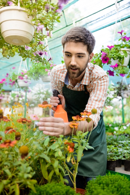 Joven apuesto jardinero alegre sonriendo, regando, cuidando las flores