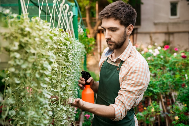 Joven apuesto jardinero alegre sonriendo, regando, cuidando las plantas