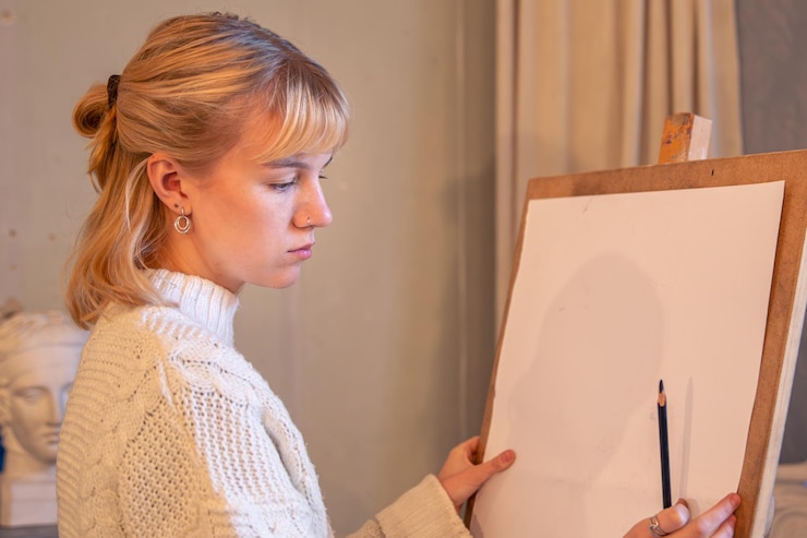 Foto gratuito una joven artista pinta en caballete en un concepto de arte de estudio que dibuja una mujer