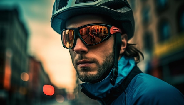 Foto gratuita joven atleta confiado en bicicleta a través del tráfico de la ciudad generado por ia