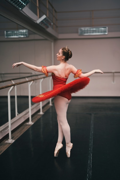 Joven bailarina de ballet clásico practicando en el estudio de baile