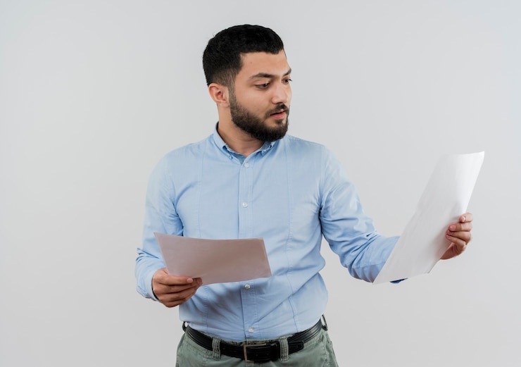 Foto gratuito joven barbudo con camisa azul sosteniendo páginas en blanco mirándolos con cara seria de pie sobre la pared blanca