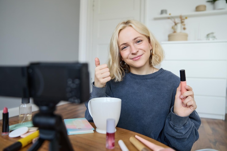 Foto gratuito una joven blogger de belleza carismática, una adolescente, graba un video de sí misma aplicando máscara y revisando el maquillaje.