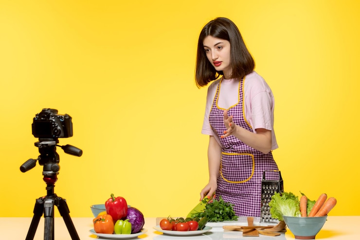 Foto gratuito joven bloguera de comida con delantal rosa grabando video para las redes sociales hablando en cámara