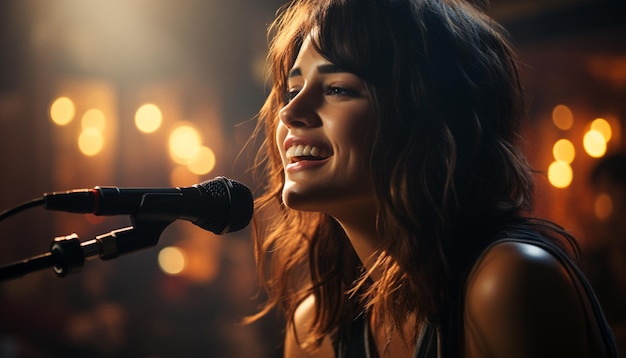 Foto gratuita la joven cantante actúa en el escenario cautivando al público con la alegría generada por la inteligencia artificial.