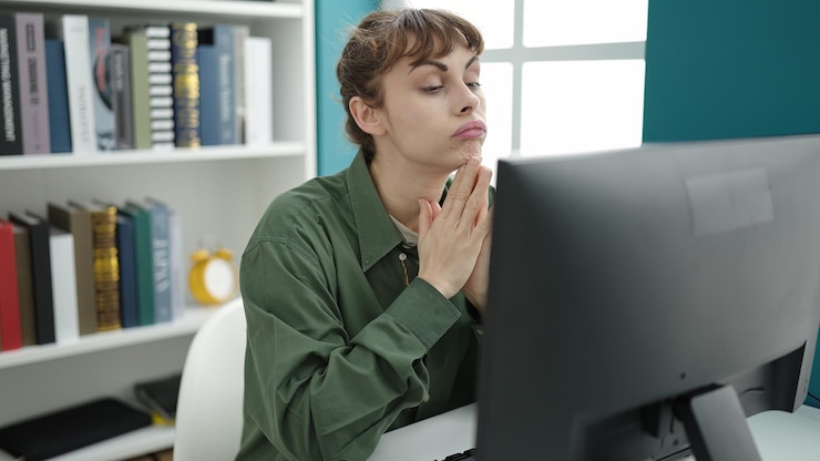 Foto gratuito joven caucásica usando computadora estresada y cansada en la biblioteca universitaria