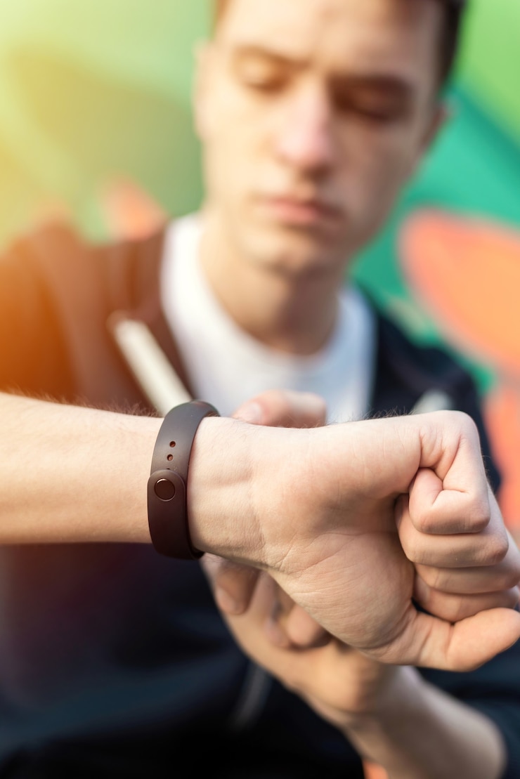 Foto gratuito joven caucásico está en su pulsera de fitness sobre fondo multicolor