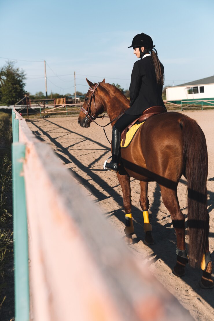 Foto gratuito joven concentrada sentada en su caballo.