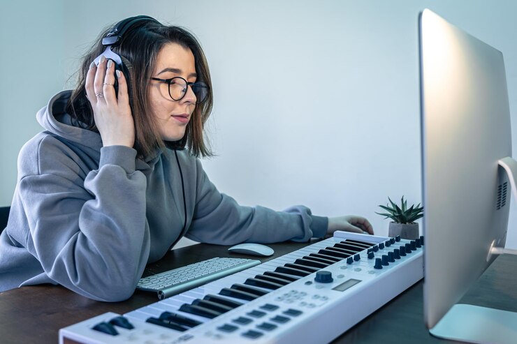 Foto gratuito una joven crea música usando un teclado musical y una computadora.