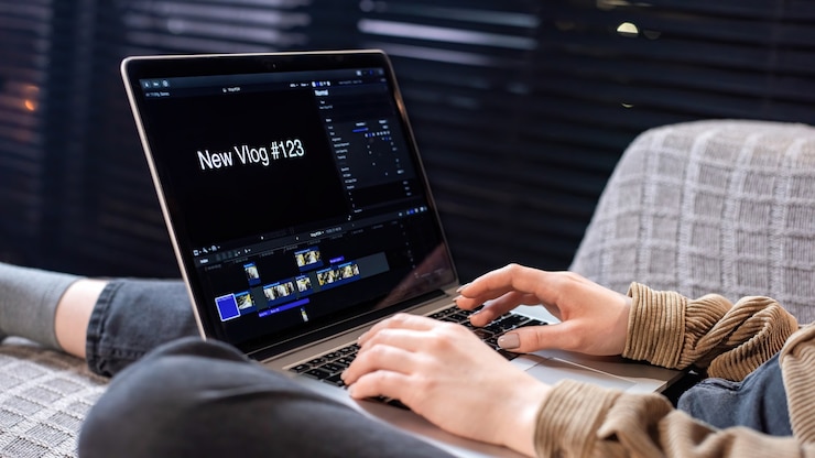 Foto gratuito la joven creadora de contenido está en su computadora portátil creando un nuevo vlog sentada en el sofá. trabajar con video desde casa