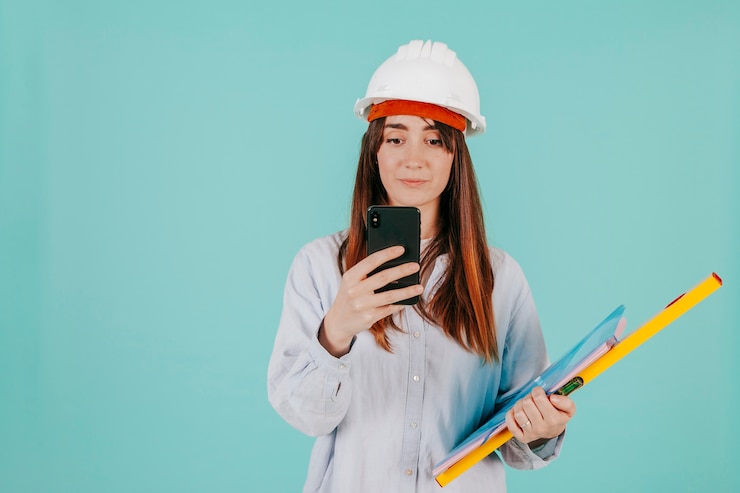Foto gratuito joven delineante con smartphone