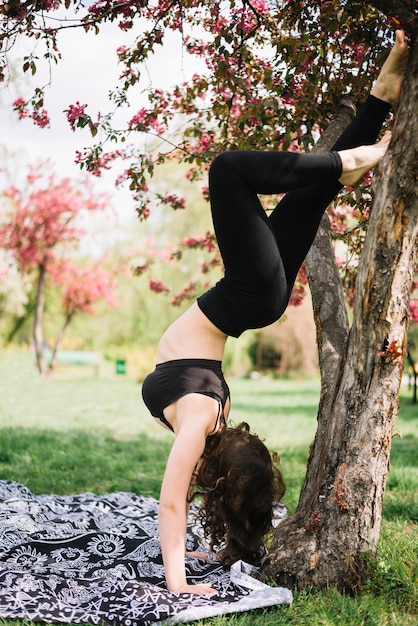 Joven deportiva haciendo parada de manos en el árbol en el parque