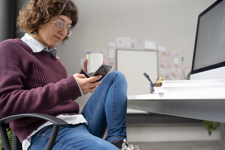 Foto gratuito joven diseñadora comprobando su smartphone