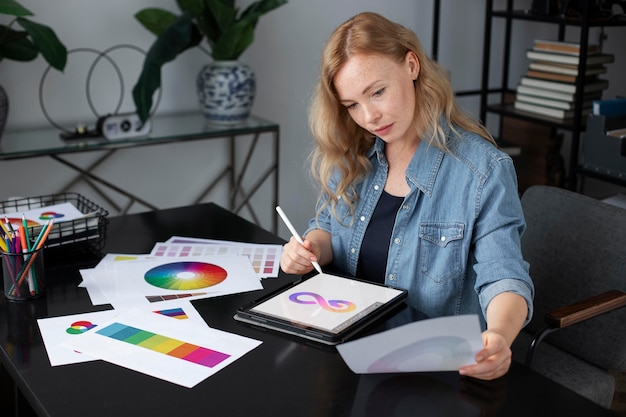 Joven diseñadora de logotipos trabajando en una tableta gráfica